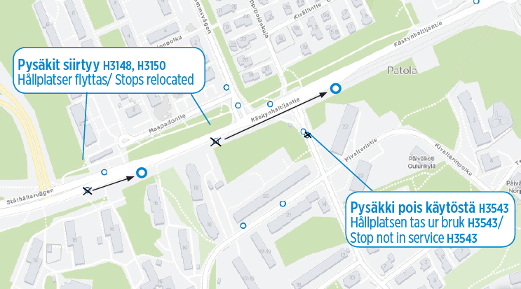 Pysäkit Käskynhaltijantiellä siirtyvät noin 50-100 m. 14.7 alkaen