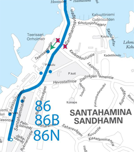 Kartta, pysäkki pois käytöstä Santahaminassa 16.9.2013