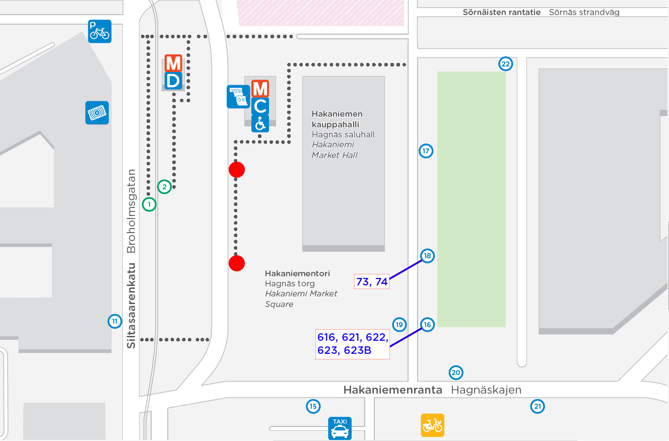 Kartta linjojen 73, 74, 616, 621, 622, 623 ja 623B uusista pysäkeistä Hakaniemessä