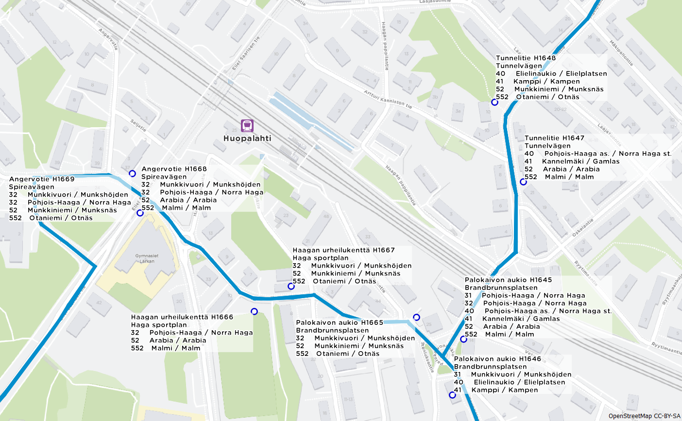 Pysäkit Huopalahden aseman ympäristössä 12.8.2019 alkaen