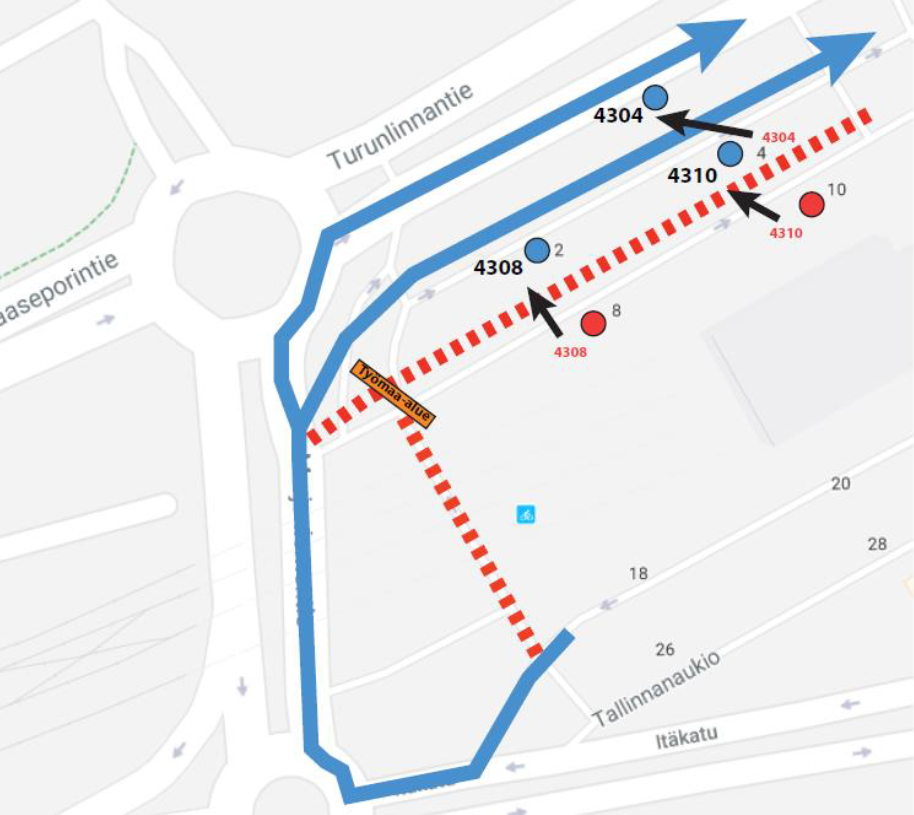 Itäkeskuksen bussiterminaalissa pysäkkisiirtoja to-pe 26.-27.9. yöllä