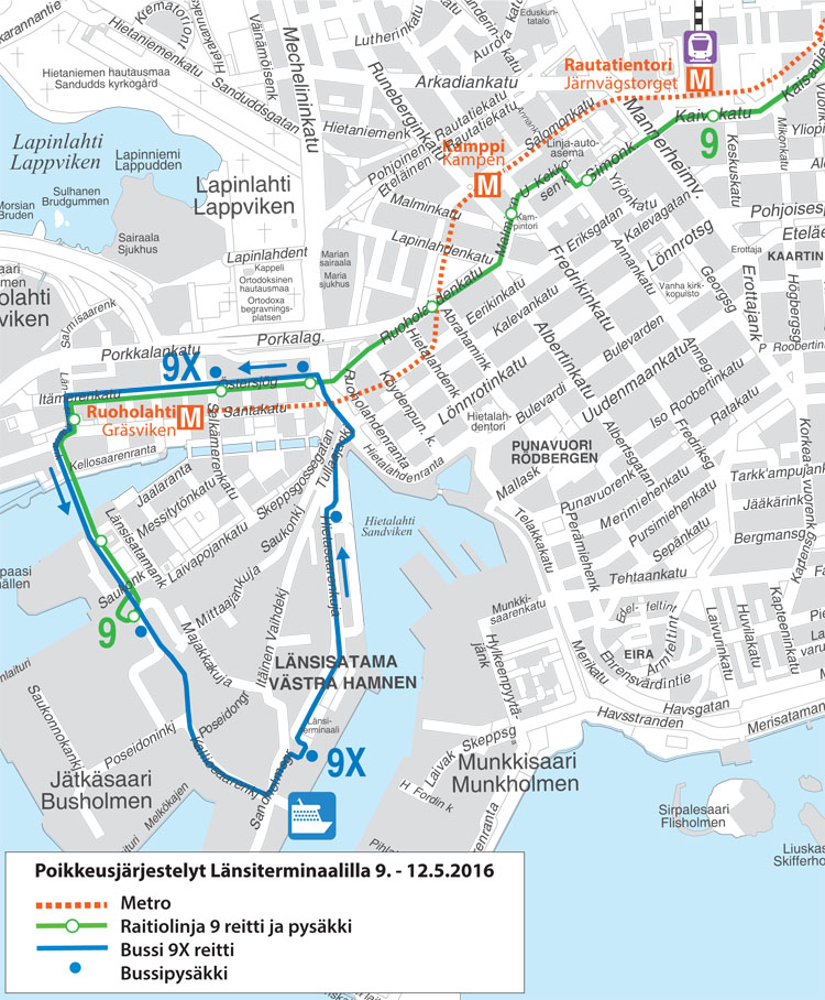 Raitiovaunun 9 ja korvaavan bussin 9X reitit 9.-12.5.