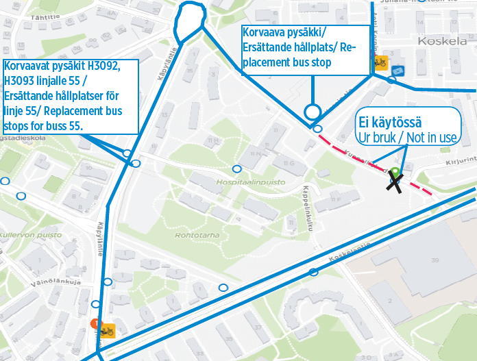 Linjan 55 poikkeusreitti ja korvaavat pysäkit