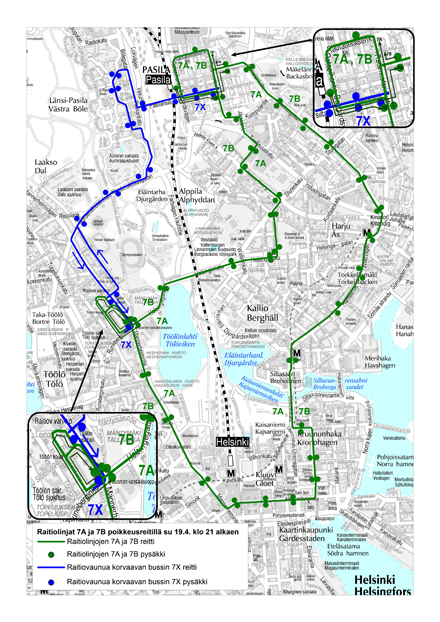 Raitiolinjojen 7A ja 7B poikkeusreitti 19.4.2015