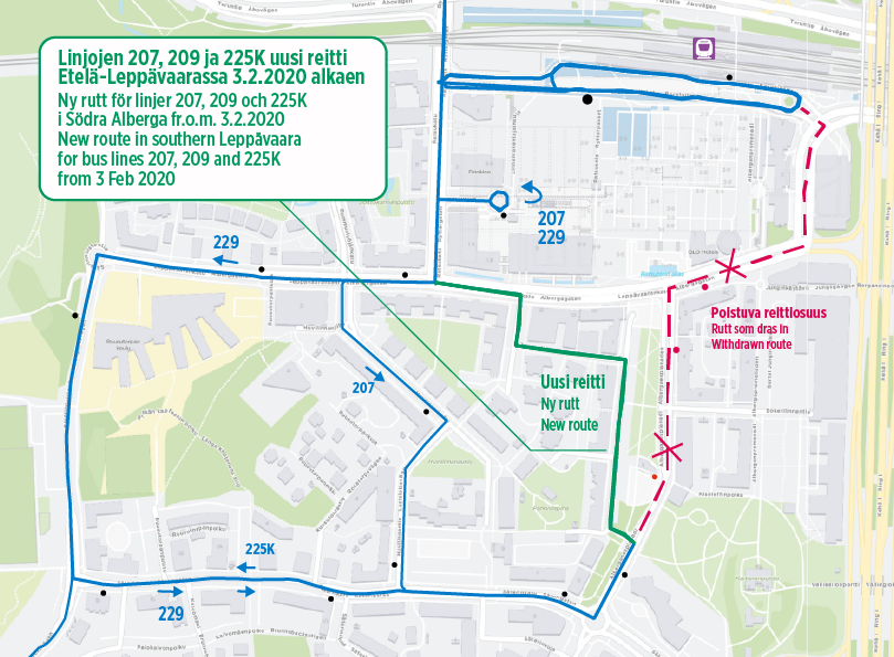 Kartta linjojen 207 225K 229 uudesta reitistä Zanseninkujan kautta Etelä-Leppävaarassa
