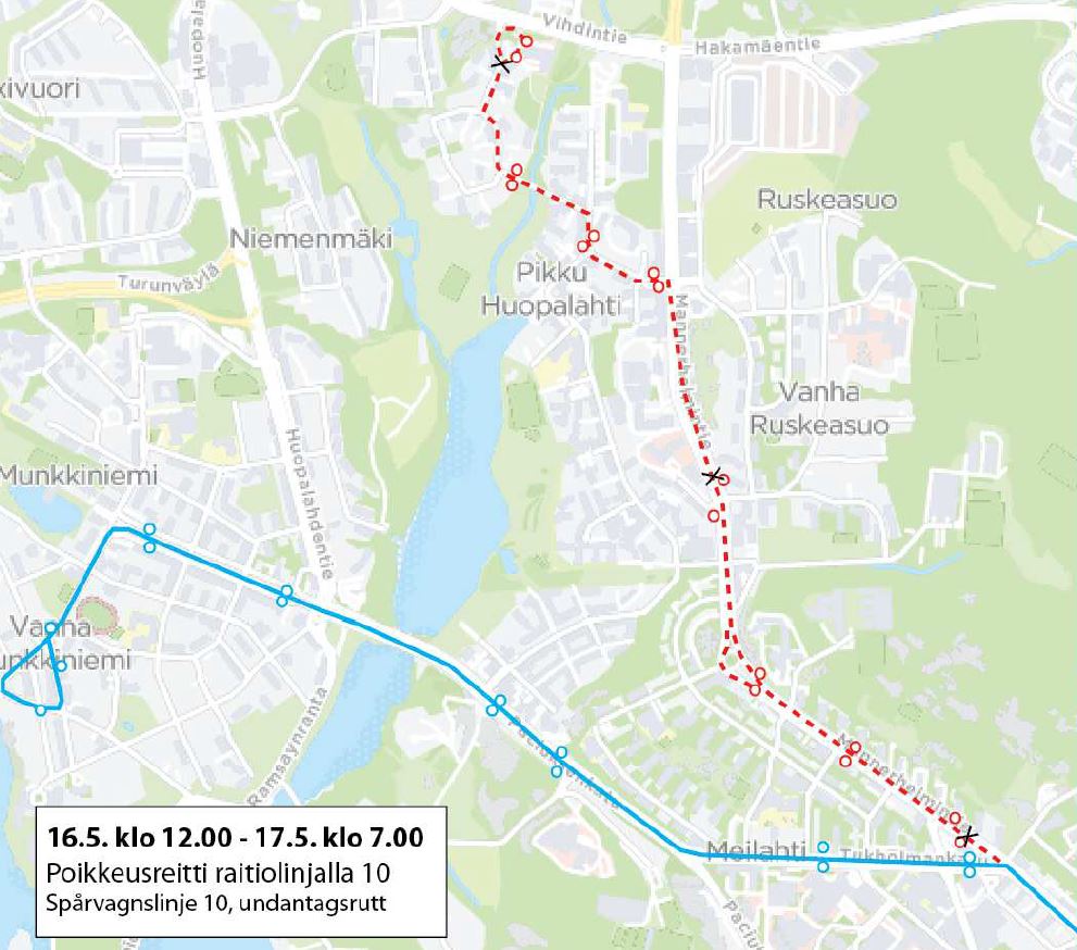 Kartta ratikan 10 poikkeusreitistä