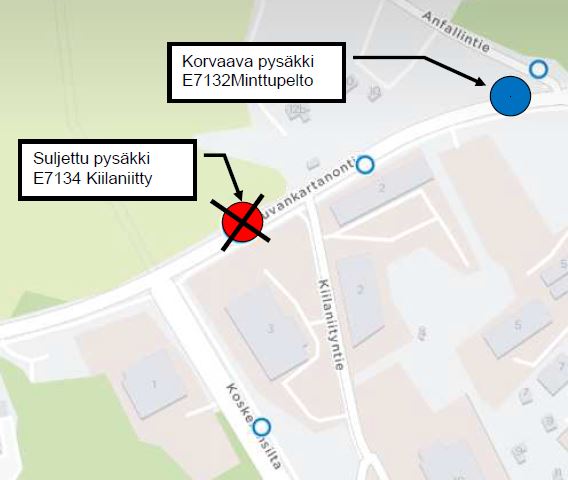 Kartta poistuvasta ja korvaavasta pysäkeistä