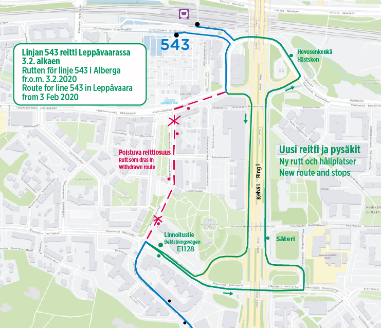 Kartta linjan 543 uudesta reitistä Kehä ykkösen kautta Etelä-Leppävaarassa