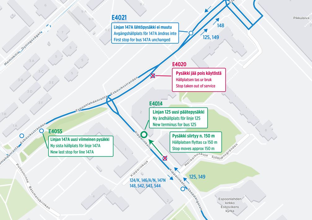 Kartta pysäkkimuutoksista Kipparinkatu ja Espoonlahdenranta