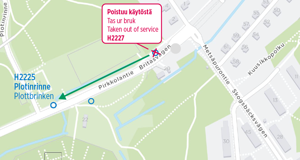 Kartta poistuvan pysäkin H2227 ja korvaavan pysäkin H2225 sijainnista