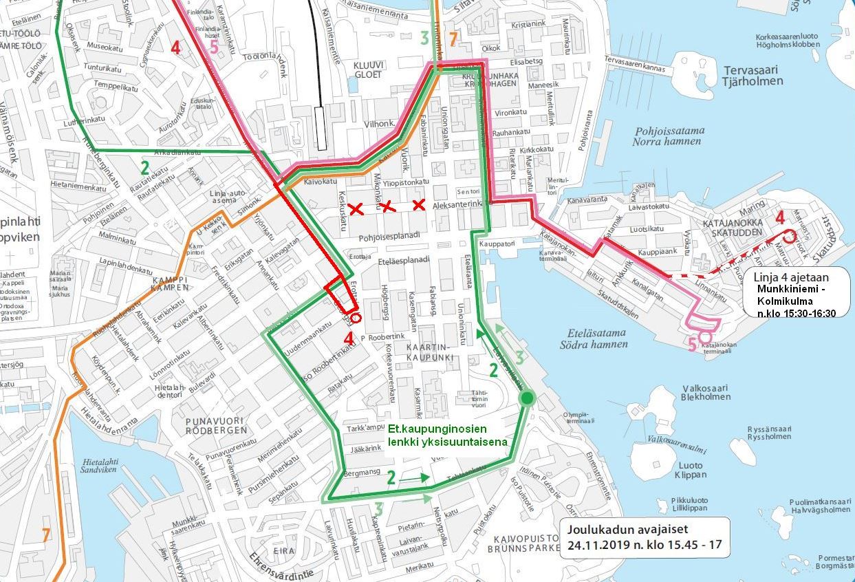 Kartta raitiolinjojen 2, 3, 4, 5 ja 7 poikkeusreiteistä