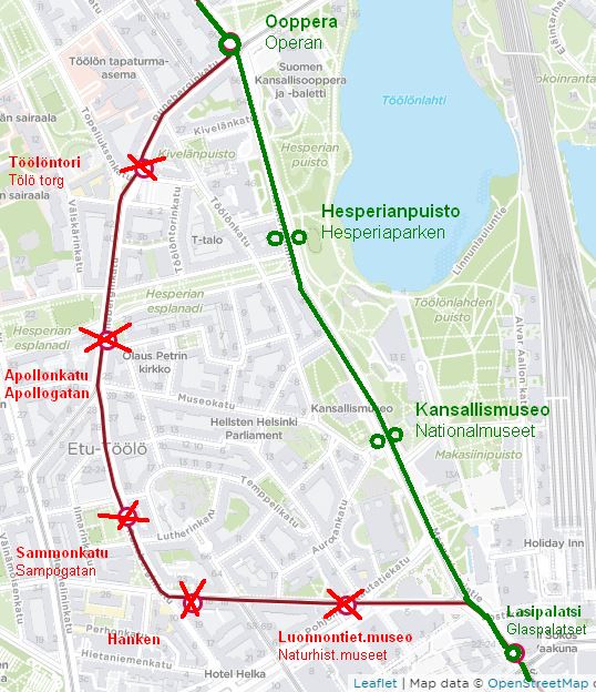 Kartta raitiolinjan 2 poikkeusreitistä