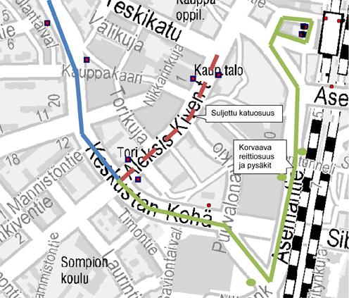 Kartta bussien poikkeusreitistä Keravan keskustassa 30.7.-2.8.2014