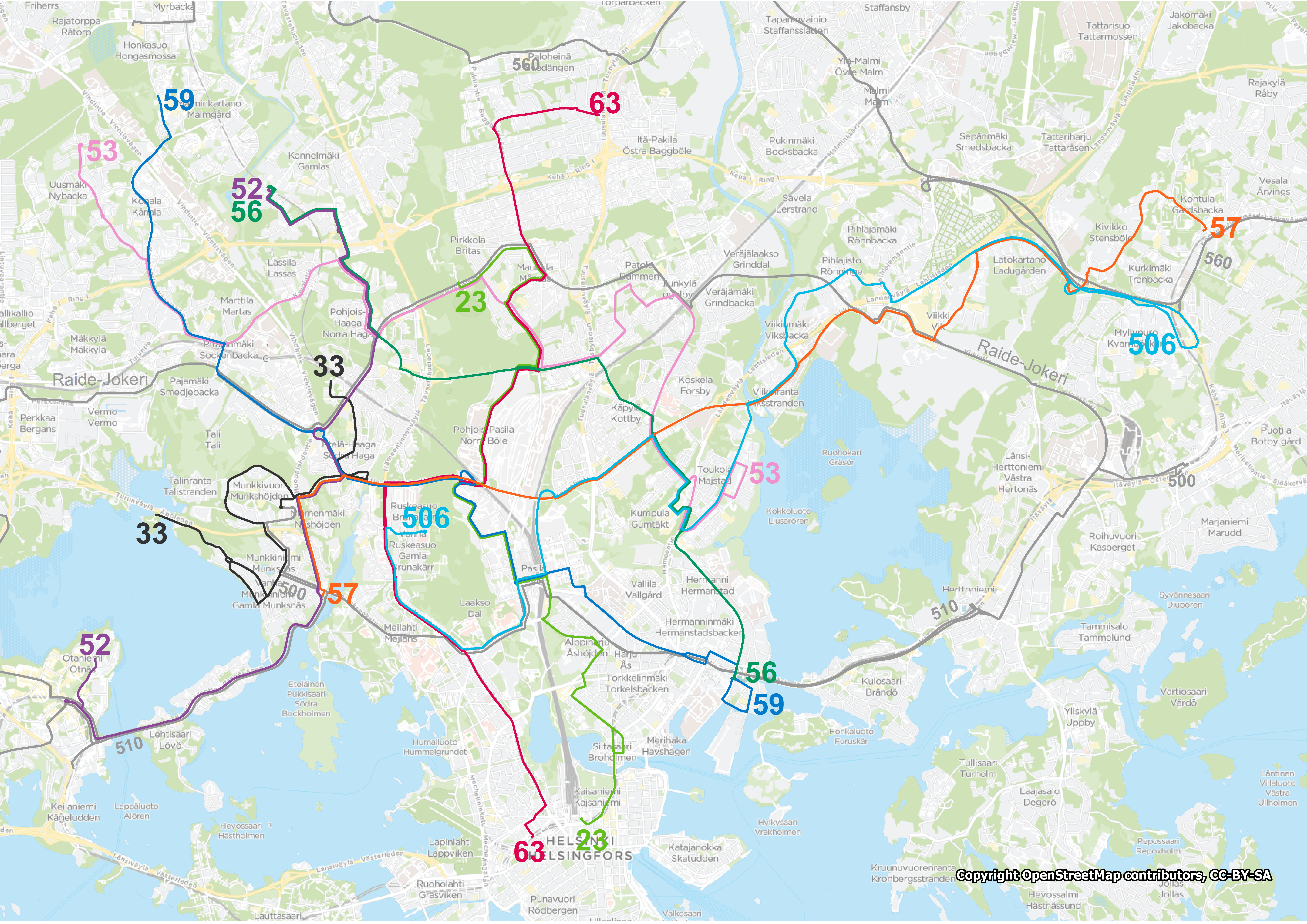 Kartta Helsingin poikittaislinjaston kehittämissuunnitelmassa uudistuvista linjoista