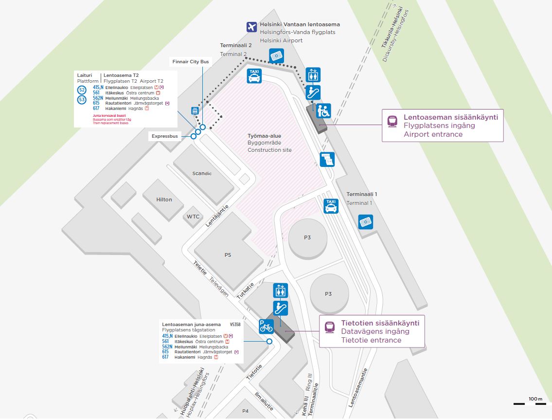 Lentoaseman väliaikainen bussiterminaali Scandic hotellin edustalla 52 ja 53