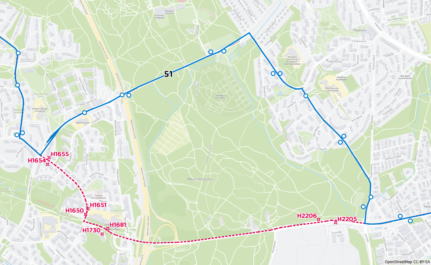 Linjan 51 reitti kulkee 10.8. alkaen Maunulan kautta: Rajametsäntie – Männikkötie – Metsäpurontie – Pirkkolantie – Eliel Saarisen tie