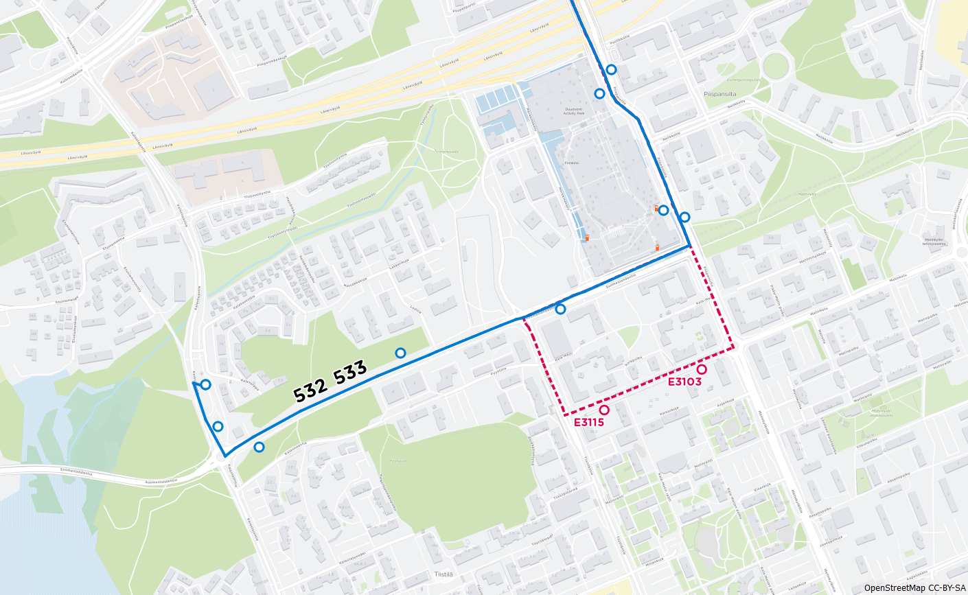 Kartta linjojen 532 ja 533 uudesta reitistä Kalastajanmäkeen