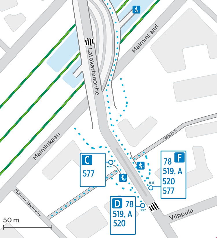 Linjojen 78, 519, 519A, 520 ja 577 väliaikaiset pysäkit Malmilla 6.-9.8.