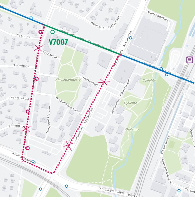 Kartta normaalireitistä Koivukylän puistotietä ja poistuvasta poikkeusreitistä