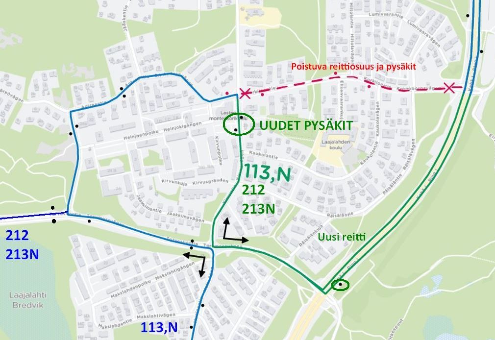 Kartta linjojen 113, 113N, 212 ja 213N reittimuutoksesta