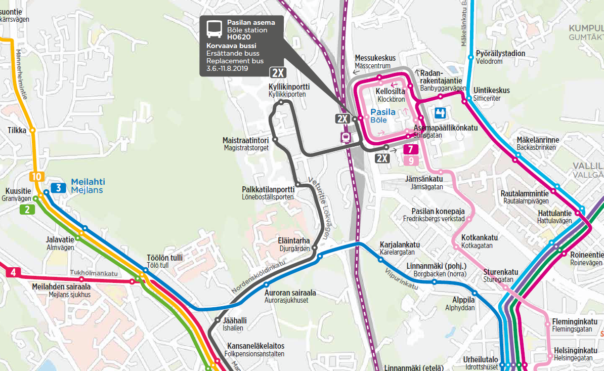 Raitiolinjat 2 ja 7 poikkeusreitillä Pasilassa 3.6.-11.8., puuttuvaa osuutta korvaa bussi 2X.