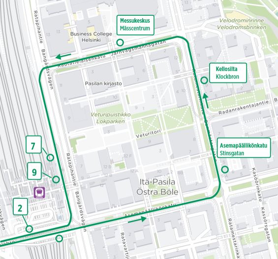 Kartta raitiolinjan 2 uudesta lenkistä Itä-Pasilan puolella 13.7. alkaen