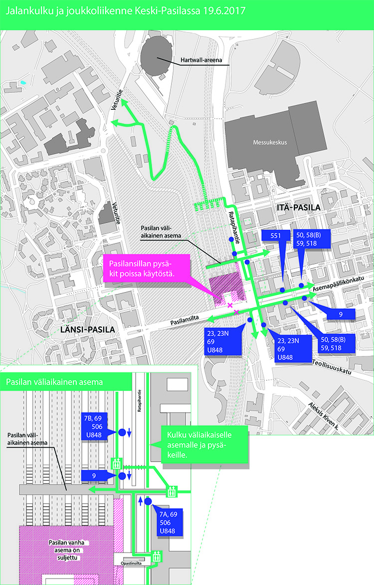 Pasilan aseman ympäristön bussi- ja raitiovaunupysäkit 19.6.2017 alkaen