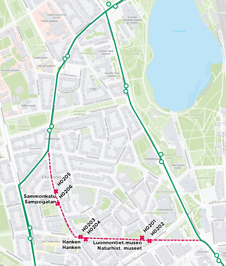Linjoilla 1 ja 2 osuus Sammonkatu-Lasipalatsi ajamatta 1.8. klo 20 – 2.8. klo 10.