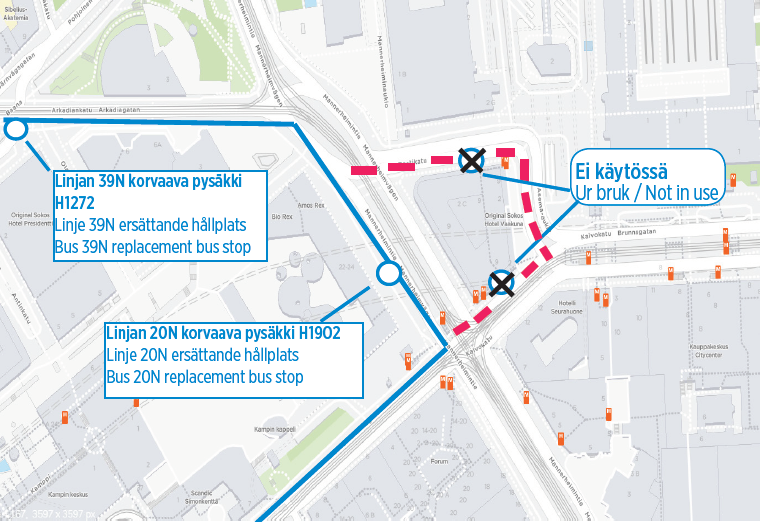 Korvaavat pysäkit postitalon ja kaivokadun pysäkeille