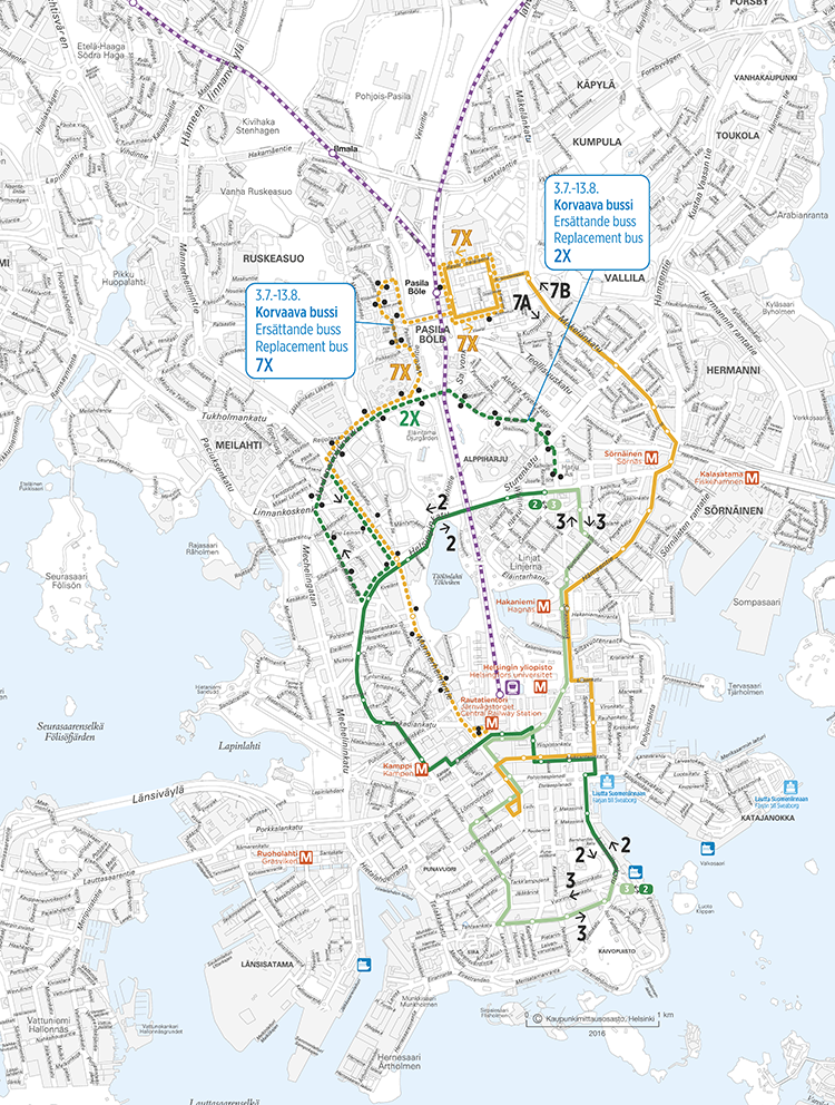 Raitiolinjojen 2, 3 ja 7A/B sekä korvaavien bussin 2X ja 7X reitit 3.7.-13.8.2017