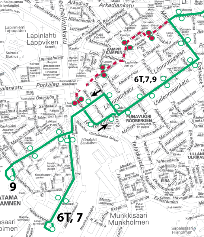 Raitiolinjoilla Kamppi jää ajamatta, ajetaan Bulevardin kautta linjan 6T reittiä