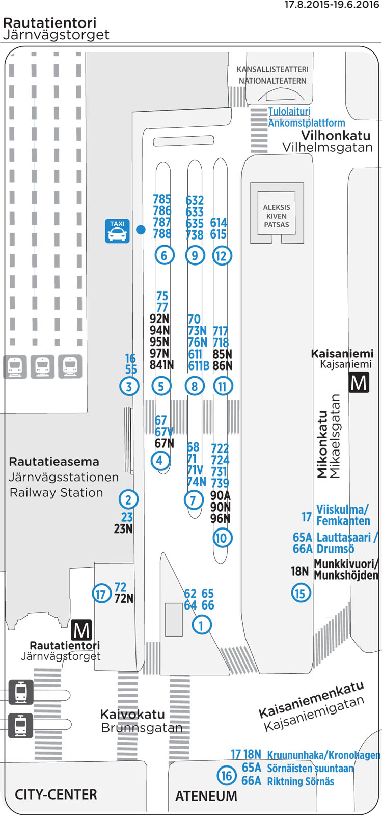 Rautatientorin bussien lähtölaiturit 17.8. alkaen