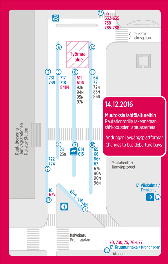 Departure bays at Rautatientori from 14 December 2016