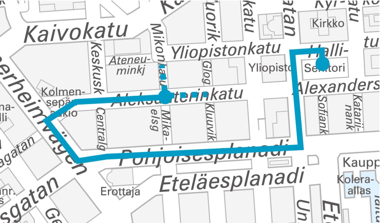 Sambakarnevaalin reitti. Senaatintori - Unioninkatu - Pohjoisesplanadi - Mannerheimintie - Aleksanterinkatu