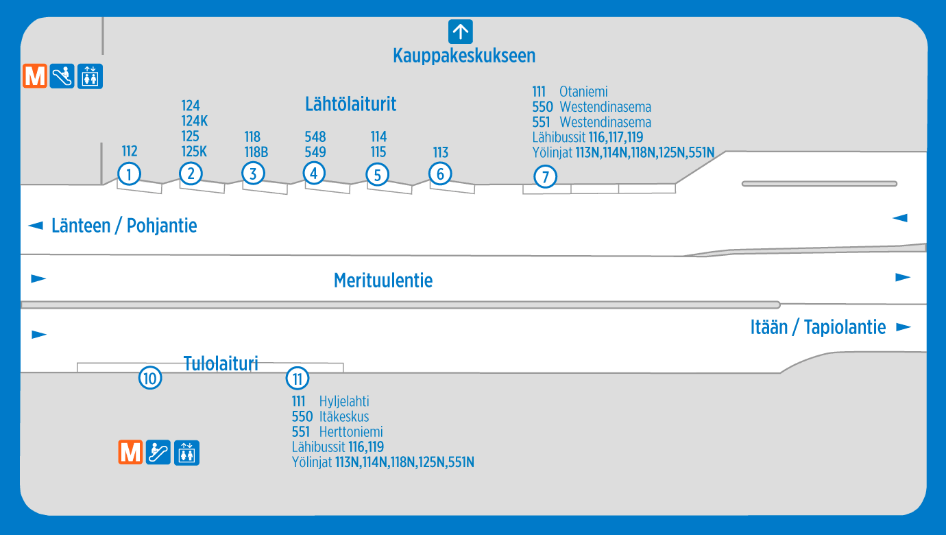 Kartta bussien lähtölaitureista Tapiolan terminaalissa 4.3.2019 alkaen