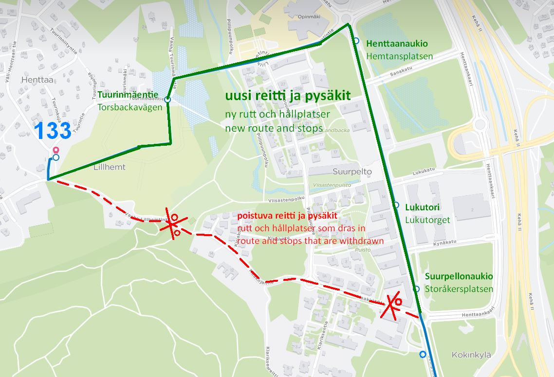 Kartta linjan 133 uudesta reitistä Suurpellossa ja Henttaalla