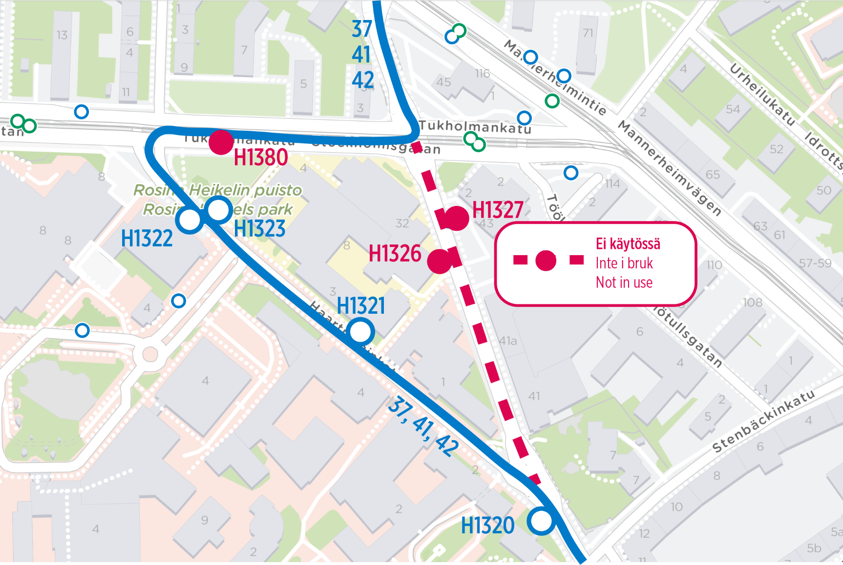 Topeliuksenkadulla poikkeusreitti busseille 37, 41 ja 42 öisin 1.-5.7.