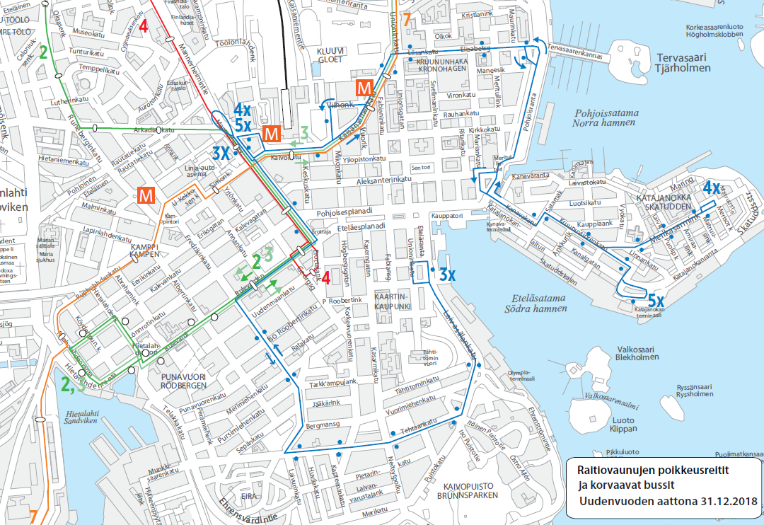 Kartta raitiolinjojen 2, 3, 4 ja 7 poikkeusreiteistä ja korvaavien bussien 3X, 4X ja 5X reiteistä 31.12.2018