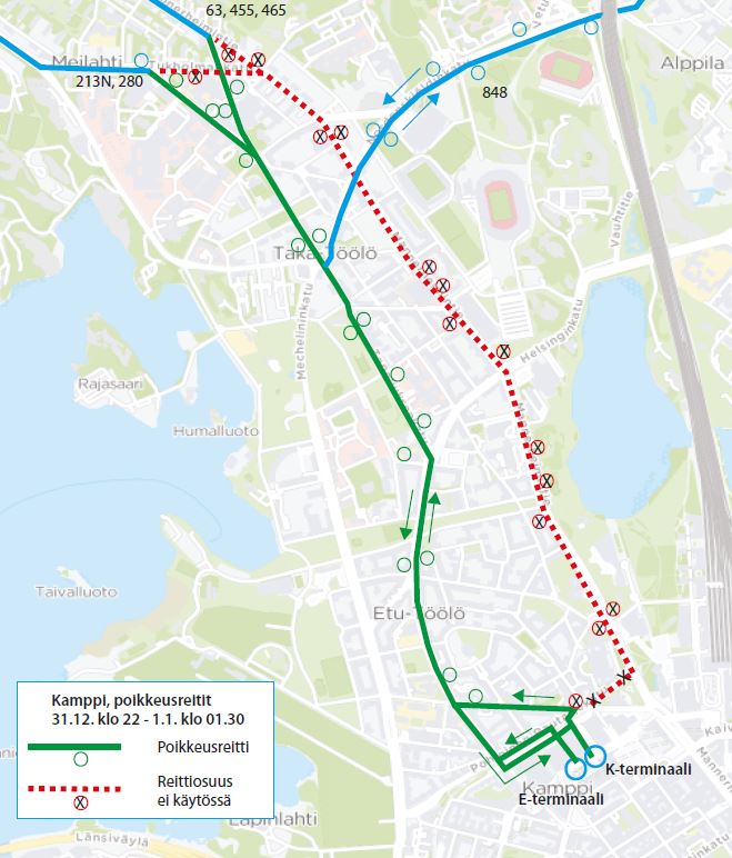 Uudenvuodenyön poikkeusreitti tekstin mukaisesti kartalla. Tiedot myös Reittioppaassa.