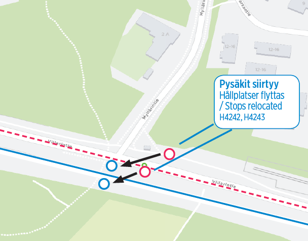 Viilarintien pysäkit ”Myllärintie” (H4242, H4243) siirretään uuden ajoradan viereen 20.7